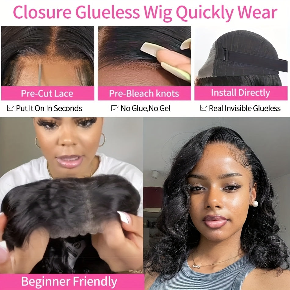 4x6 Lace Framing Short Wavy Bob Wig - Invisible Knots 3D Body Wave Human Hair Wig, 220 Density Shoulder Length Natural Look for Women, Elegant Style Fits All Ethnicities, Versatile Hairpiece, Sophisticated Hairpiece